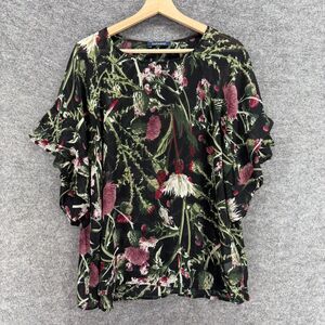 Bluheaven Blouse Women L Large Black Floral Short Sleeve Round Neck Casual